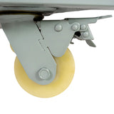 Close-up of a sturdy, gray metal wheel with a smooth, yellow polyurethane tire, designed for easy mobility of commercial ovens