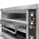 Stainless steel KuKoo large commercial pizza oven with dual chambers, temperature controls, and a spacious baking surface