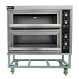 Stainless steel commercial pizza oven with two spacious baking chambers, adjustable temperature controls, and a sturdy wheeled base