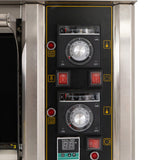 Stainless steel control panel of the KuKoo large commercial pizza oven featuring dials, timers, and indicator lights for precise baking