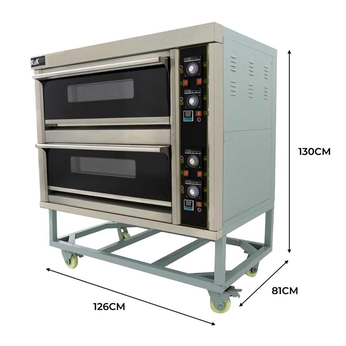 Large commercial pizza oven with stainless steel finish, two baking chambers, digital controls, and rolling cart for easy mobility