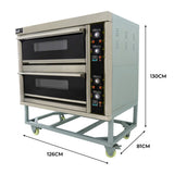 Large commercial pizza oven with stainless steel finish, two baking chambers, digital controls, and rolling cart for easy mobility