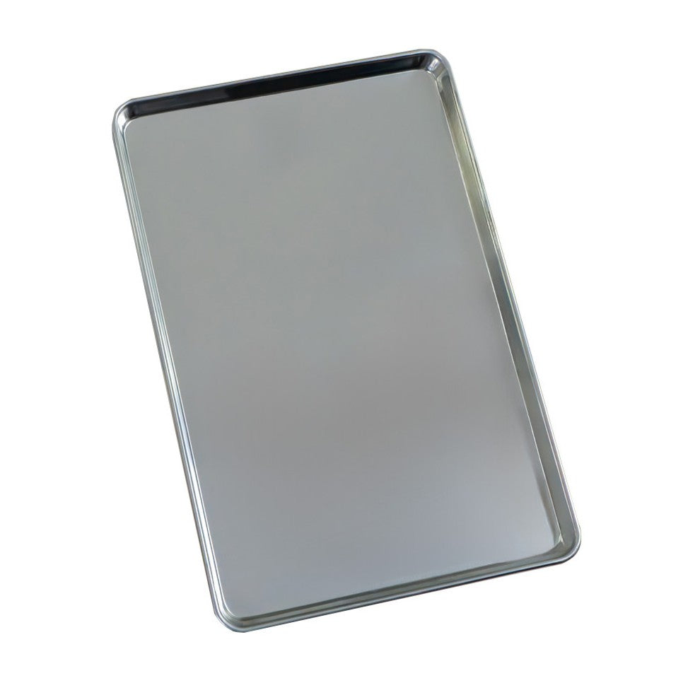 Shiny stainless steel baking tray with a smooth surface and rectangular shape, ideal for commercial pizza and baking use