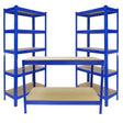 Blue metal storage workbench with two tall shelving units, featuring sturdy shelves and a smooth, natural wood surface