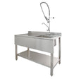 Stainless steel commercial sink with left-hand drainer, pre-rinse tap, and sturdy base, ideal for efficient kitchen use