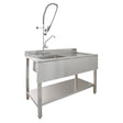 Stainless steel commercial sink with right-hand drainer, pre-rinse tap, and sturdy legs, ideal for efficient kitchen use