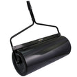 Black steel towable garden roller with a smooth, cylindrical drum and sturdy handle, ideal for leveling soil and compacting lawns