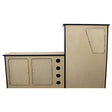 MDF camper van kitchen unit featuring a light wood finish, sleek black edges, two cabinets, and circular cutouts for ventilation