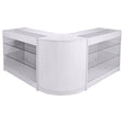 Brilliant white retail display counter with sleek glass shelves, featuring a modern curved design for an elegant shopping experience