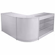 Brilliant white retail display set featuring a sleek, modern design with glass shelves and smooth, glossy surfaces for an elegant look