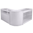 Brilliant white retail display set featuring a sleek, curved design with glass shelves and a modern finish, ideal for shop counters