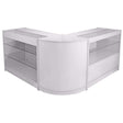 Brilliant white retail display set featuring a sleek, curved design with glass shelves for showcasing products elegantly