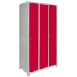 Three-door metal storage locker in vibrant red with a sleek silver frame, featuring smooth surfaces and rounded edges for a modern look