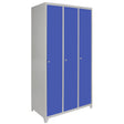 Three-door metal storage lockers in a vibrant blue finish, featuring a sleek design and smooth texture for organized storage solutions