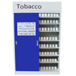 Cigarette and vape display cabinet with a blue door, shelves filled with white boxes, and a warning about age restrictions on tobacco sales