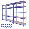 Blue metal racking system with three 90cm shelves and bay connectors, featuring sturdy wooden shelves and a sleek design