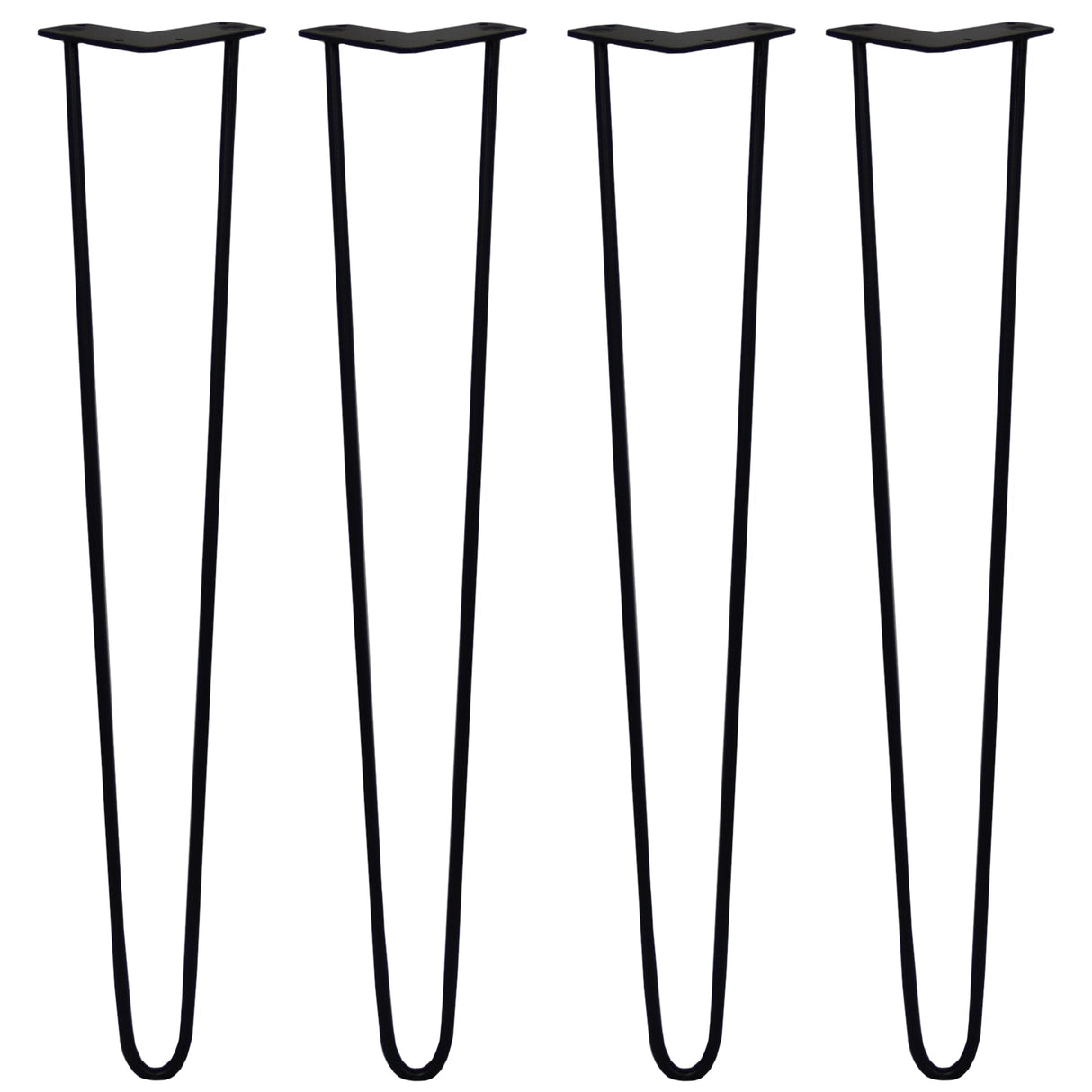 Four black 28-inch hairpin legs with a sleek, minimalist design, featuring a sturdy 10mm prong for versatile furniture support