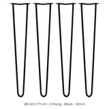 4 x 28" Hairpin Legs - 2 Prong - 12mm - Black