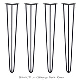4 x 28" Hairpin Legs - 3 Prong - 10mm - Black