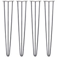 Four 28-inch hairpin legs in raw steel, featuring a sleek three-prong design with a sturdy, industrial look and smooth finish