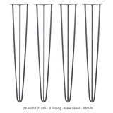 4 x 28" Hairpin Legs - 3 Prong - 10mm - Raw Steel