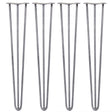 Four 28-inch hairpin legs in raw steel, featuring a sleek three-prong design with a smooth, industrial finish and sturdy construction