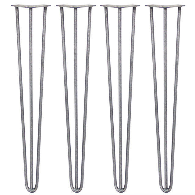 Four 28-inch hairpin legs in raw steel, featuring a sleek three-prong design with a smooth, industrial finish and sturdy construction