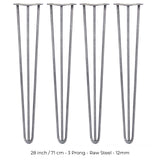 4 x 28" Hairpin Legs - 3 Prong - 12mm - Raw Steel