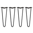 Black 16-inch hairpin legs with a sleek, modern design, featuring two prongs and a sturdy 10mm thickness for furniture projects