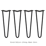 4 x 16" Hairpin Legs - 2 Prong - 12mm - Black