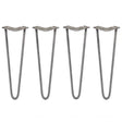 Raw steel hairpin legs in a sleek 2-prong design, measuring 16 inches tall, perfect for modern furniture projects