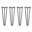 Four 16-inch hairpin legs made of raw steel, featuring a sleek, industrial design with a three-prong top for sturdy support