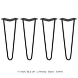 4 x 14" Hairpin Legs - 2 Prong - 10mm - Black