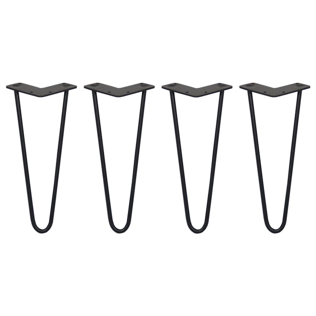 Black 10mm hairpin legs with a sleek, minimalist design, featuring two prongs and a sturdy metal construction for furniture support
