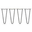 Raw steel hairpin legs in a sleek 2-prong design, measuring 4 x 12 inches, ideal for modern furniture projects and DIY crafts