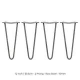 4 x 12" Hairpin Legs - 2 Prong - 10mm - Raw Steel