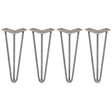 Four raw steel hairpin legs, each 12 inches tall, featuring a sleek 3-prong design and a sturdy, industrial finish
