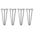 Four 12-inch hairpin legs in raw steel, featuring a sleek three-prong design with a sturdy, industrial look and smooth finish