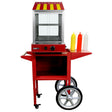 Bright red KuKoo hot dog steamer cart with yellow-striped canopy, glass display, and condiment bottles in red, yellow, and white