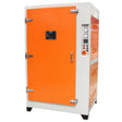 T-Mech powder coating curing oven featuring a bright orange door, sturdy metal construction, and user-friendly control panel