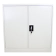 Sleek white metal filing cabinet with two doors, a central lock, and a smooth finish, ideal for office organization and storage