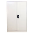 Sleek white metal filing cabinet with two doors, a central lock, and a smooth, matte finish, ideal for office organization