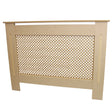 Unfinished MDF radiator cover measuring 1115mm, featuring a decorative lattice design and smooth, light wood texture