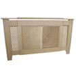 Unfinished MDF adjustable radiator cover in a light beige color, featuring a decorative lattice design and smooth edges, measuring 1400mm to 1920mm