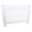 White MDF radiator cover with a decorative lattice design, featuring smooth edges and a sleek, modern finish, measuring 1115mm