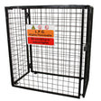 Black mesh gas bottle cage with warning signs, featuring a sturdy metal frame and open design for secure storage and ventilation