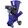 Powerful T-Mech 15HP wood chipper in vibrant blue, featuring a robust engine, large hopper, and sturdy wheels for easy mobility