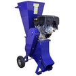 Blue T-Mech wood chipper with a powerful 15HP engine, featuring a large chute and sturdy wheels for easy mobility and operation