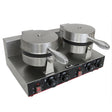Stainless steel KuKoo double waffle maker with two round plates, adjustable temperature controls, and a sleek modern design