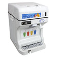 KuKoo Ice Shaver in white with a sleek design, featuring a control panel and a colorful graphic of shaved ice drinks on the front